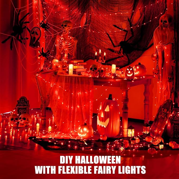 JMEXSUSS 2 Pack Red Fairy Lights Battery Operated, Total 200 LED 66ft Red String Lights Battery Powered with Remote, 8 Modes Halloween Lights for Tree Indoor Outdoor Wreath Bedroom Halloween Decor