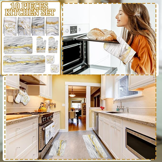 10 Pcs Christmas Marble Farmhouse Kitchen Decor Accessories Set Marble Kitchen Dish Towels Rugs Oven Mitts and Pot Holders Sets for Cooking Baking Daughter Mom Gift(White)