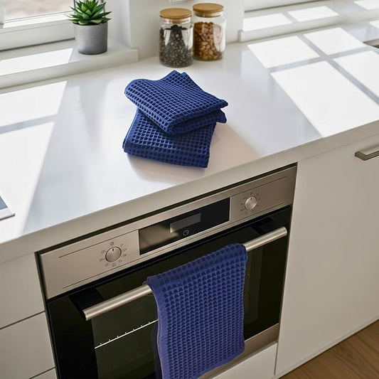 PÜSKÜL Organic Waffle Kitchen Towel 100% Turkish Cotton Set of 3 Navy Blue - Premium Quality, Soft, Quick-Dry, Absorbent, Lint-Free Hand Towels 32X16 Inches (3, Navy Blue)