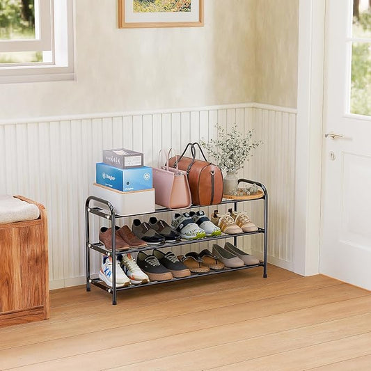 SUFAUY 3 Tier Shoe Rack Expandable 18“-32” Adjustable Shoe Organizer for Closet, Metal Shoe Storage for Entryway, Front Door, Black