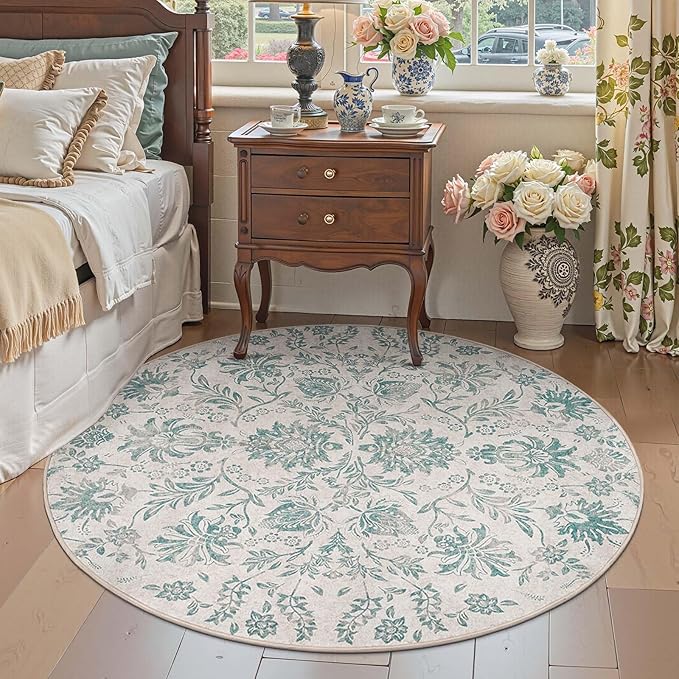 jinchan Classic Floral Round Rug 6ft Vintage-Inspired Design 6’Circle Rug Machine Washable Ultra-Thin Low-Pile Non-Slip Indoor Carpet for Bedroom Dining Room Living Room Entryway