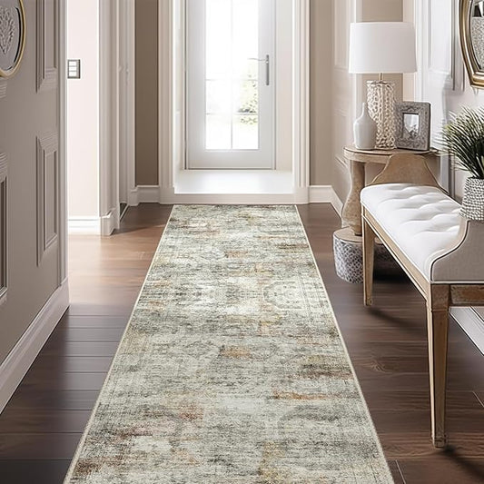 Kitchen Runner Rugs Non Skid Washable - 2.5 x 10 Runner Rug with Anti Slip Backing, Ultra-Thin Soft Rug Runner for Hallway, Bedroom, Living Room (2'x10', Grey/Rust)