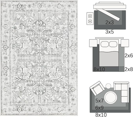 jinchan 8x10 Area Rug for Living Room Washable Soft Throw Rug Ultra-Thin Stain Resistant Non-Slip Distressed Vintage Floral Large Carpet for Bedroom,Dining Room,Home Office,Nursery (8x10ft,Grey)
