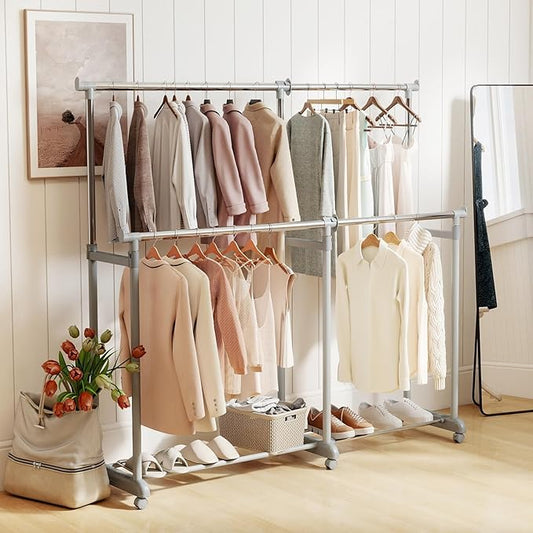Tangkula Extendable Double Rods Garment Rack, Rolling Clothing Organizer with Adjustable Height & Width, Portable Closet Rack with Wheels, Heavy Duty Foldable Metal Clothes Rack for Bedroom & Laundry