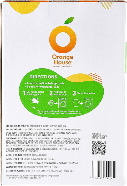 ORANGE HOUSE Laundry Detergent Pods, Natural Plant-Based Detergent with Orange Oil | Hypoallergenic, Free & Clear, Scent-Free, HE & Standard Machine Compatible, Gentle for Sensitive Skin, 54 Count