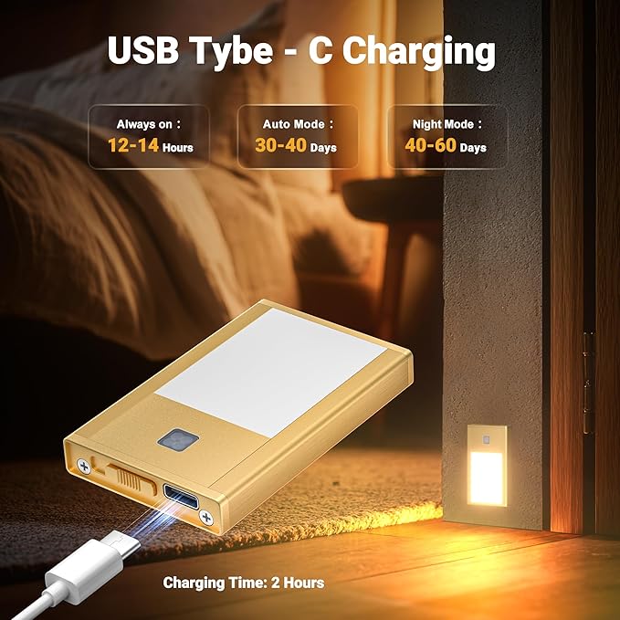 Rechargeable Motion Sensor Night Lights, 4-Pack - Brushed Gold Aluminum Alloy, Ultra-Compact Magnetic Mount, 3000K Warm White Glow, Ideal for Hallways, Bedrooms, Stairs & Nightly Use