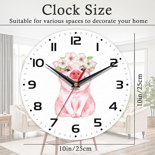Wall Clock, 10 Inch Silent Non-Ticking Home Kitchen Decor, Battery Operated for Bathroom Bedroom Living Room Office(Cute Pig Flower)