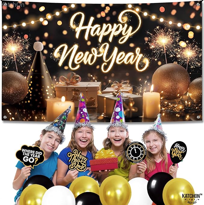 KatchOn, XtraLarge Happy New Year Banner - 72x44 Inch | NYE Backdrop for New Years Eve Party Supplies 2026 | Happy New Year Decorations 2026 | NYE Decorations 2026 | New Years Decorations