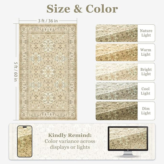 Warm Beige 3x5 Entryway Rug Indoor, Boho Floral Moroccan Pattern Printed Throw Rugs for Nursery Bedroom Bedside, Low Pile Thin Non Slip Washable Area Rug for Kitchen Foyer Mudroom Dorm