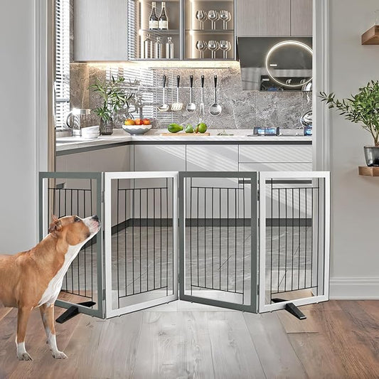 ZJSF Freestanding Dog Gate Indoor, Foldable Dog Fence for Doorways,Hallways or Stairs, Sturdy Wood Extra Wide Pet Gate with Support Feet,Grey,32 "Height-4 Panels