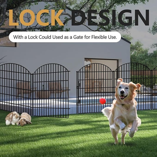 10 Panels Decorative Garden Fencing with Lock, 33in (H) x 22.31ft (L) No Dig Dog Fence Outdoor for Yard, Animal Barrier Rustproof Metal Temporary Panel Border for Rabbit, Dog and Patio Camping