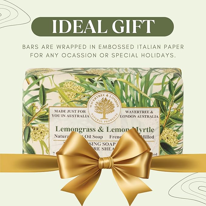 Wavertree & London Lemongrass & Lemon Myrtle Scented Natural Soap Bar, 7oz Moisturizing French Triple Milled Soap Bar for Women & Men Enriched with Organic Shea Butter, Pure Bath & Body Soap (1 Bar)