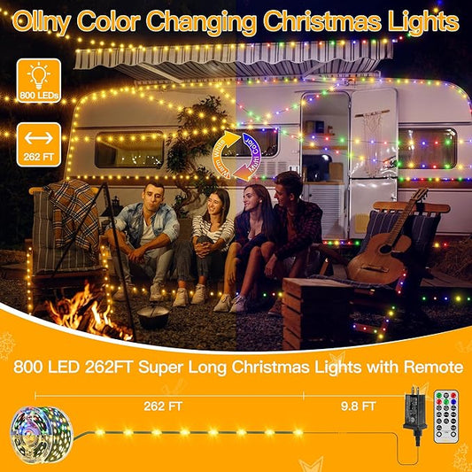 Ollny Christmas Lights 262 FT 800 LED IP67 Waterproof, Color Changing Christmas Lights Outdoor with Remote, 11 Modes Dimmable Timer Warm White to Multicolored Changeable String Lights for House Decor