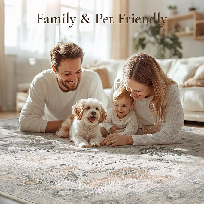 GENIMO Runner Rug 2'6''x8, Non Slip Vintage Hallway Runner Rugs, Low Pile Lightweight Machine Washable Mat for Hallway, Entryway, Bedroom, Kitchen and Corridor, Light Taupe Brown