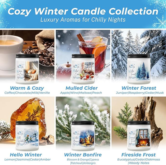 Winter Candle Set | 6 Pack Christmas Scented Candles for Home - Holiday Soy Candle Gift Set for Women Men, Aromatherapy Candles Scents of Hello Winter/Forest/Cider/Warm/Fireside/Bonfire
