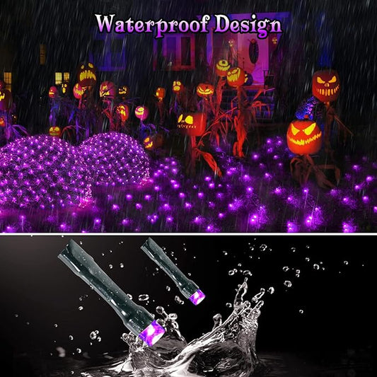 BlcTec Halloween Net Lights, 200 LED 8.2ft x 4.9ft Purple Halloween Lights with 8 Modes, Timer, Connectable, Waterproof and Green Wire Design for Trees, Bushes Outdoor Decorations