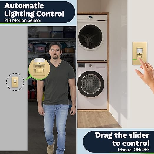 TOPGREENER in Wall PIR Motion Sensor Light Switch, Occupancy Sensor Switch, ๐๐๐ฎ๐ญ๐ซ๐๐ฅ ๐๐ข๐ซ๐ ๐๐๐ช๐ฎ๐ข๐ซ๐๐, On/Off Override, ๐๐ข๐ง๐ ๐ฅ๐ ๐๐จ๐ฅ๐, 4A, 500W, TSOS5-GDSWP,Gold,2 Pack