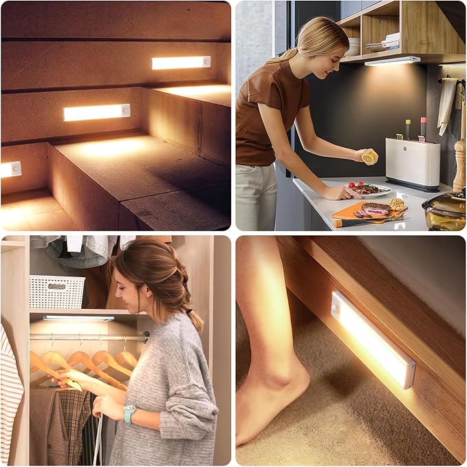 6 Pack Under Cabinet Lights Wireless, 68 LED Motion Sensor Light Indoor Rechargeable Magnetic Closet Lights Battery Operated, Under Counter Lights for Kitchen, Wardrobe, Stairs, Warm Light