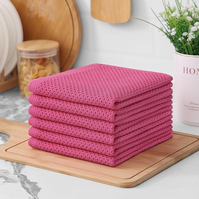 Kitinjoy 100% Cotton Kitchen Dish Cloths, 12 Pack Waffle Weave Ultra Soft Absorbent Dish Towels for Drying Dishes Quick Drying Kitchen Towels Dish Rags, 12 X 12 Inches, Hot Pink