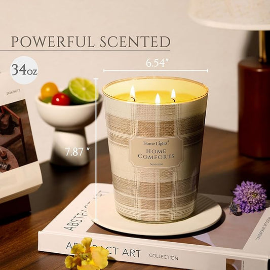 HomeLights Scented Candles | Large Jar 34 Oz Natural Soy Candle | 130 hrs Long-Lasting with 3 Wicks | Rustic Modern Home Decor | Gifts for Mom & Women, Home Comforts