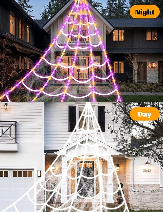 Giant Spider Webs Halloween Decorations - Outdoor Halloween Decor Lights with 250 LEDs,16.4FT Net,4Ft Spider, 8 Modes,Waterproof & Timer for Yard Porch Garden,Outside Costumes Party (Without Spider)