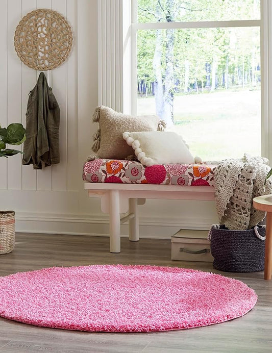 Unique Loom Solid Shag Collection Area Rug (7' 1" Round, Taffy Pink)