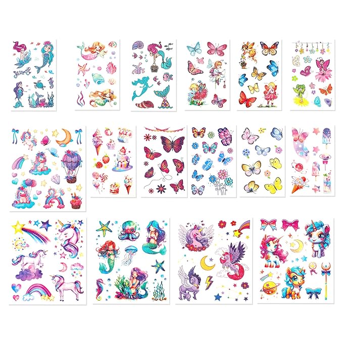 150+ Kids Glitter Temporary Tattoos for Girls – Individually Wrapped Party Favors, Waterproof Tattoo Stickers – Mermaid, Unicorn, Fairy, Butterfly Birthday Pinata Stuffers