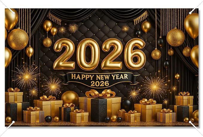 Happy New Year 2026 Backdrop Gold Black Balloons Fireworks Gift Boxes Sparkling Party Banner 71x43 Inches New Year Eve Decoration Indoor Outdoor Celebration Photography Background