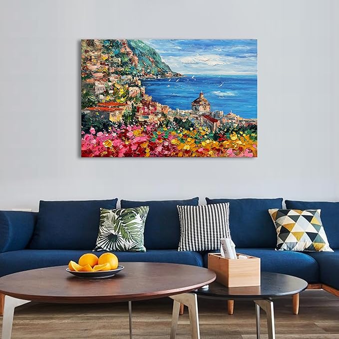 Art Hand Painted Seaside Town Landscape Oil Painting Modern Abstract Art Home Wall Deco Art 30x45 inches
