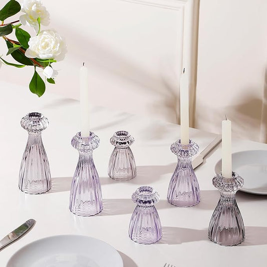 Lysenn Glass Candle Stick Holder Set of 3 – Premium Taper Candle Holders for Romantic Ambiance - Candle Sticks Holder Decor for Special Occasions - Purple