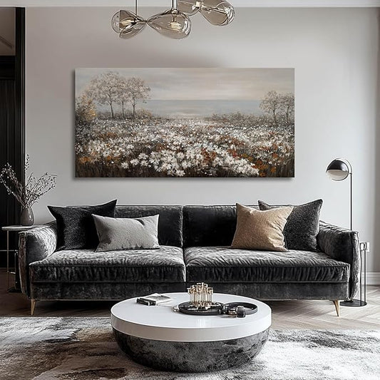 GAIDUOMAI Farmhouse Decor Tree and Ocean Wall Art White Flowers Vintage Artwork 24"x48" Grey Pictures Wall Decor for Dining Room Bedroom Office