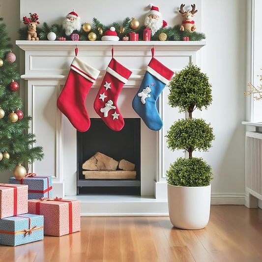 THE BLOOM TIMES 55" Tall Artificial Boxwood Triple Ball Topiary Trees, UV Resistant Large Fake Potted Plants for Outdoor Planter, Realistic Faux Bushes Shrubs for Front Porch Outside Decor Set of 2