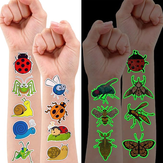 96PCS Glow in The Dark Bug Temporary Tattoos for Kids – Luminous Bug Stickers for Boys Girls Birthday Party Favors, Halloween Decorations, School Rewards, Bug-Themed Gifts (Luminous)