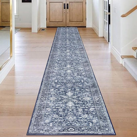 KILOCOCO Hallway Runner 2.6x18 Rug Runner Printed Vintage Floral Washable Kitchen Runners Non-Slip Rubber Backed Runners for Hallways Laundry Room Distressed Boho Rugs for Bedroom, Blue