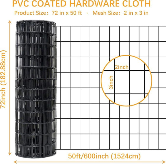 Black Metal Garden Fence, 72inch(H) x 50ft(L), 2 inch x 3 inch,14GA 2/3/4/5/6 Ft Tall Chicken Wire PVC Coated Welded Wire Mesh Roll for Dogs Border Yard Vegetable Plant Protection Poultry Netting