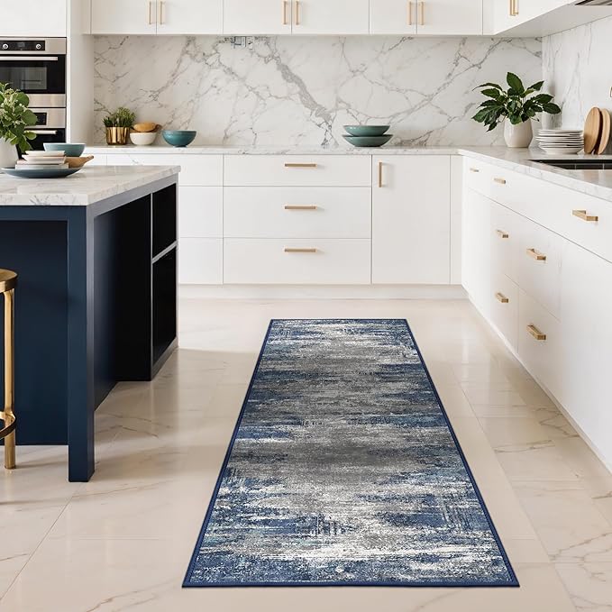 GENIMO Runners for Hallways,2x6 Washable Runner Rug Non-Slip, Long Runner Rugs with Rubber Backing, Low Pile Lightweight Rugs for Kitchen, Bedroom, Bathroom, Entryway, Blue Ivory