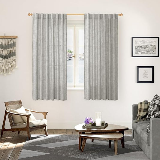 YoungsTex Dark Grey Linen Curtains 63 Inch Length 2 Panels for Living Room, Light Filtering Semi Sheer Drapes Back Tab/Rod Pocket for Bedroom Country Lightweight Window Treatments, 52 X 63 Inch