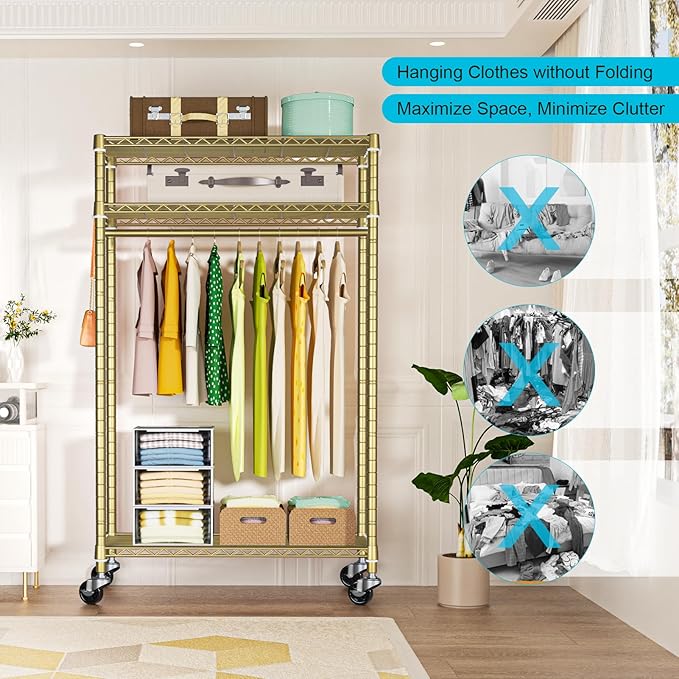 P3 Rolling Clothes Rack, Clothing Racks for Hanging Clothes, Heavy Duty Garment Rack with Wheels, Freestanding Portable Closet Organizer 39.4'' W x 14'' D x 78.5'' H, Max Load 464 LBS, Gold