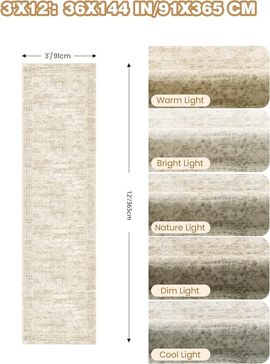 3x12 Runner Rug for Hallway, Non-Slip Long Bathroom Rugs Runner for Kitchen, Bedroom, Soft Vintage Abstract Washable Rug for Entryway, Thin Floor Mat for Dining Room(3'x12', Beige/Ivory)