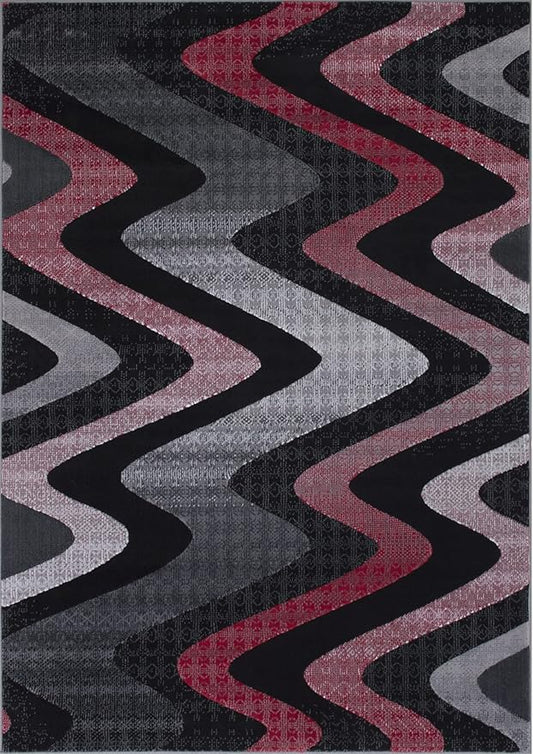 Allstar 8x10 Red and Grey Wave Pattern Modern Area Rug (7' 9" x 9' 8")
