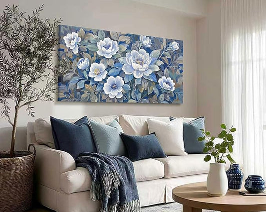 ARTZON Large Wall Art for Living Room Botanical Flower Canvas Print Blue and White Grey Floral Peony Artwork Modern Spring Leaf Plant Picture Home Women Bedroom Dining Room Office Decor 48x24 Inch