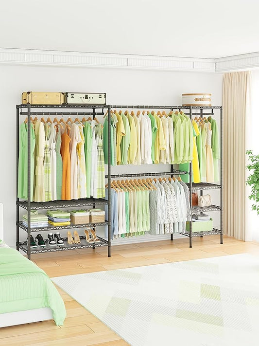 Ulif E11 Heavy-Duty Garment Rack, Metal Freestanding Clothes Rack and Closet Storage Organizer System with 8 Shelves and 4 Hanger Rods, (73.2 - 97.6)"W x 14.5"D x 71.2"H, Load 1034 LBS, Black