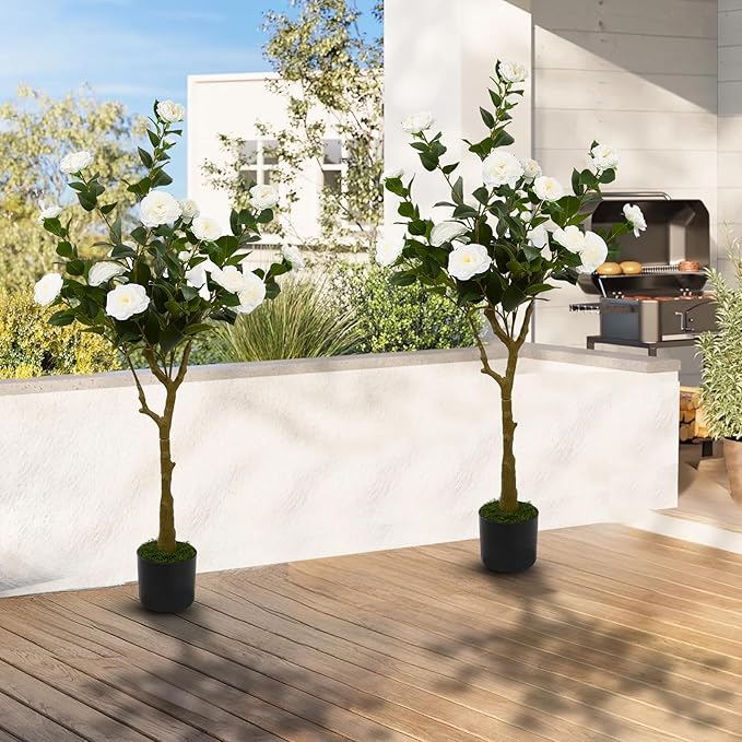 47" Artificial Camellia Tree,2 Pack Fake Flower Plants Artificial Tree with Greenery Leave, Faux Plants with White Flowers for Summer Modern Office Outdoor Outside Decor Front Door