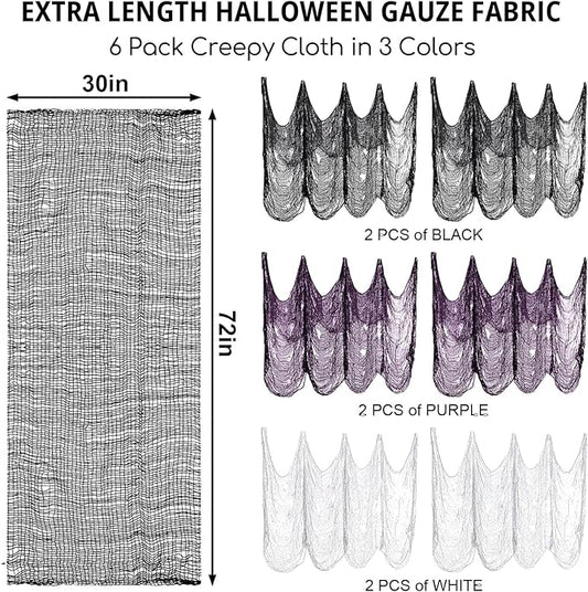 Legigo 6 Pack Halloween Creepy Cloths Cheesecloths, Spooky Black Mesh Fabric Cheese Cloths for Crafts, Scary Gauze Fabric for Party Supplies Home Wall Doorway Outdoor Yard Decor(Black,White,Purple)