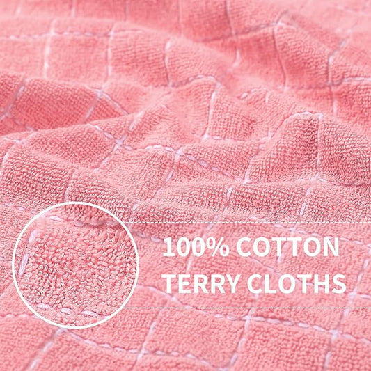 Homaxy 100% Cotton Terry Kitchen Towels(Pink, 13 x 28 inches), Checkered Designed, Soft and Super Absorbent Dish Towels, 6 Pack
