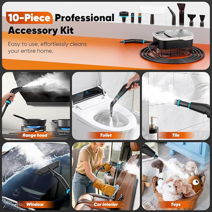 Steam Cleaner, 2500W Pressurized Heavy Duty Handheld Steamer with 1.32QT Tank & 10 Attachments – for Kitchen, Bathroom, Car, Floors, Tile, Furniture, Couch, Windows (Black/White)