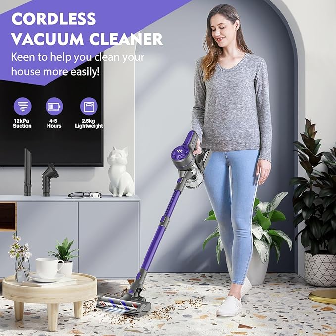 Cordless Vacuum Cleaner, Vacuum Cleaner for Home with 80000 RPM High-Speed Brushless Motor, Up to 40 Mins Runtime, 2 Adjustable Suction, Anti-Tangle, Lightweight Stick Vacuum for Hard Floor