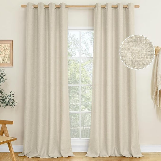 LAMIT Natural Beige Linen Curtains for Bedroom, 102 inches Grommet Thermal Insulated Thick Burlap Farmhouse Neutral Curtains Noise Reducing Light Filtering Drapes for Living Room, 2 Panels, W52 x L102