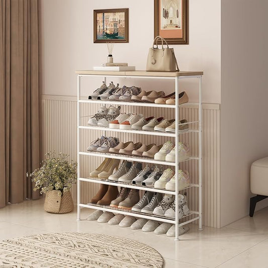 Shoe Rack Organizer 6 Tier for Closet Entryway Free Standing Metal Storage Shoe Shelf with MDF Top Board,White+Oak