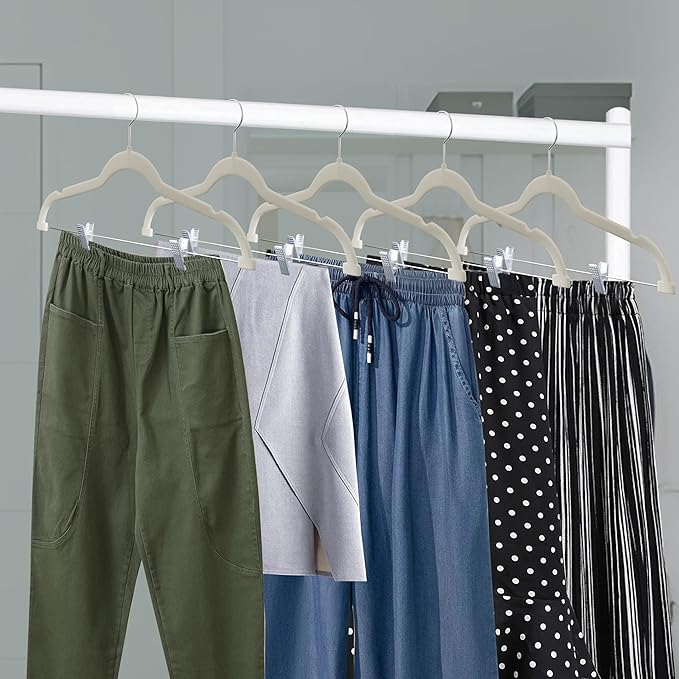Velvet Skirt Hangers – with Adjustable Clips, 360 Degree Swivel Hook, and Non-Slip Shoulder Notch, Holds Up to 10 lbs, for Organizing Skirt, Pants, Dress, and Clothes, Pack of 10, Ivory